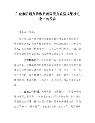 在全市防返贫防致贫巩固脱贫攻坚成果推进会上的发言.docx
