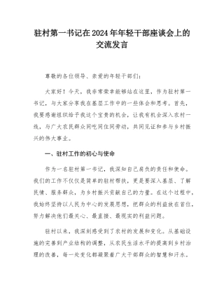 驻村第一书记在2024年年轻干部座谈会上的交流发言.docx