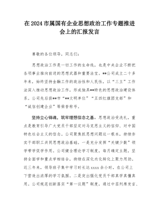 在2024市属国有企业思想政治工作专题推进会上的汇报发言.docx