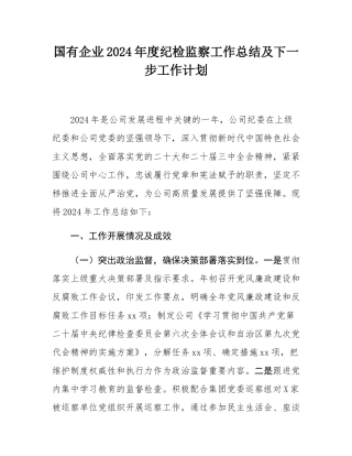 国有企业2024年度纪检监察工作总结及下一步工作计划.docx