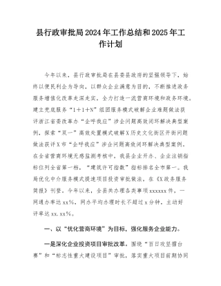县行政审批局2024年工作总结和2025年工作计划.docx