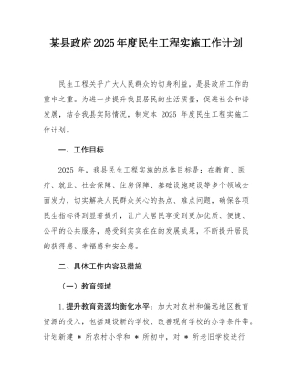 某县政府2025年度民生工程实施工作计划.docx