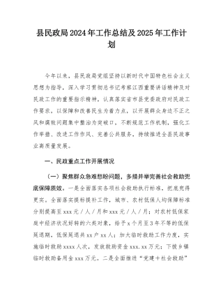 县民政局2024年工作总结及2025年工作计划.docx