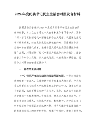 2024年度纪委书记民主SH会对照发言材料.docx