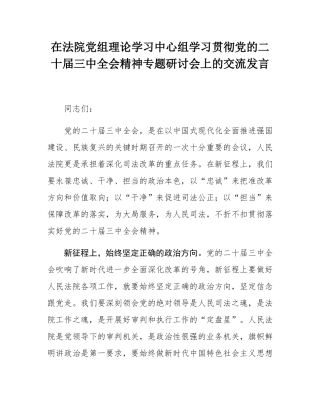 在法院党组理论学习中心组学习贯彻党的二十届三中全会精神专题研讨会上的交流发言.docx