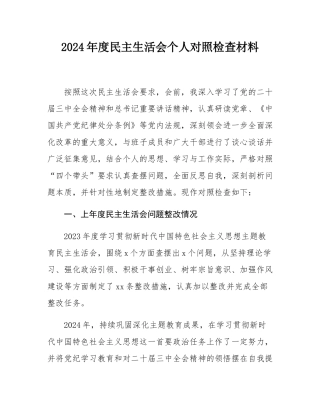 2024年度民主SH会个人对照检查材料.docx