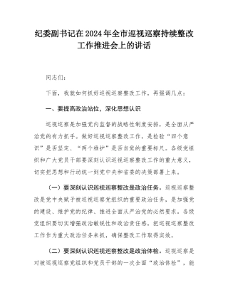 纪委副书记在2024年全市巡视巡察持续整改工作推进会上的讲话.docx