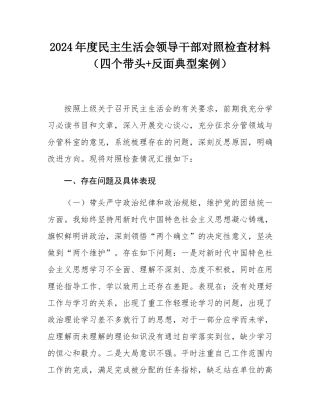 2024年度民主SH会领导干部对照检查材料（四个带头+反面典型案例）.docx