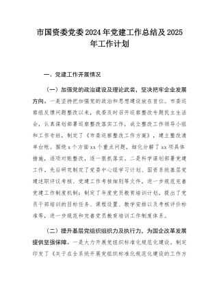 市国资委党委2024年党建工作总结及2025年工作计划.docx
