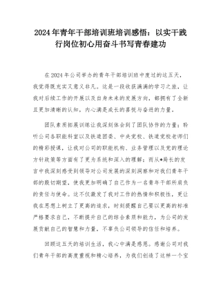 2024年青年干部培训班培训感悟：以实干践行岗位初心用奋斗书写青春建功.docx