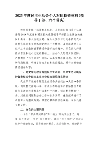 2025年度民主SH会个人对照检查材料(领导干部、六个带头).docx