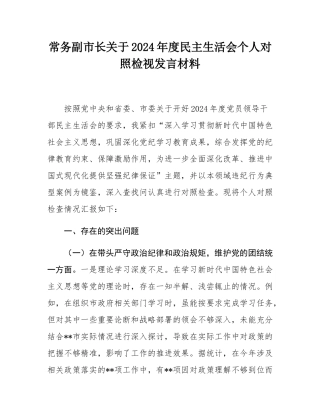 常务副市长关于2024年度民主SH会个人对照检视发言材料.docx
