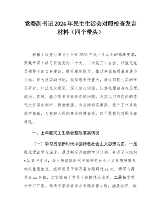 党委副书记2024年民主SH会对照检查发言材料（四个带头）.docx