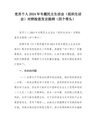 党员个人2024年专题民主SH会（组织SH会）对照检查发言提纲（四个带头）.docx