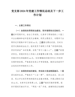 党支部2024年党建工作情况总结及下一步工作计划.docx