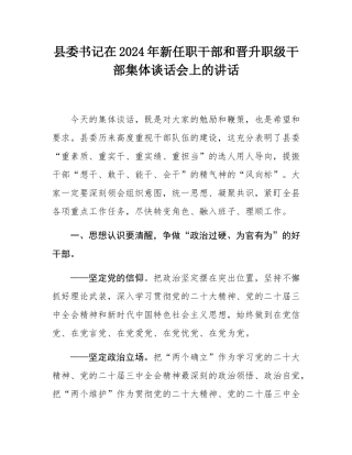 县委书记在2024年新任职干部和晋升职级干部集体谈话会上的讲话.docx