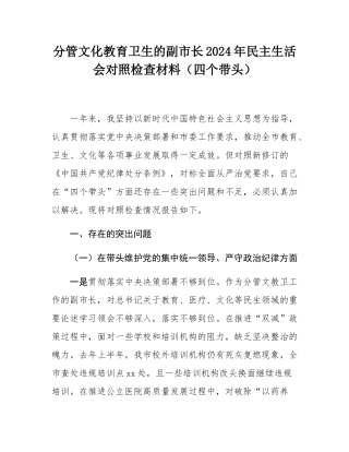 分管文化教育卫生的副市长2024年民主SH会对照检查材料（四个带头）.docx