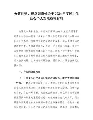 分管住建、规划副市长关于2024年度民主SH会个人对照检视材料.docx