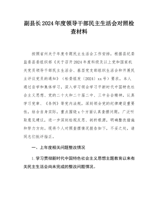 副县长2024年度领导干部民主SH会对照检查材料.docx