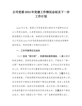 公司党委2024年党建工作情况总结及下一步工作计划.docx