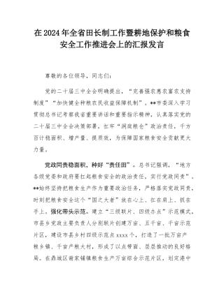 在2024年全省田长制工作暨耕地保护和粮食安全工作推进会上的汇报发言.docx