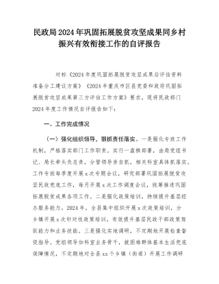民政局2024年巩固拓展脱贫攻坚成果同乡村振兴有效衔接工作的自评报告.docx