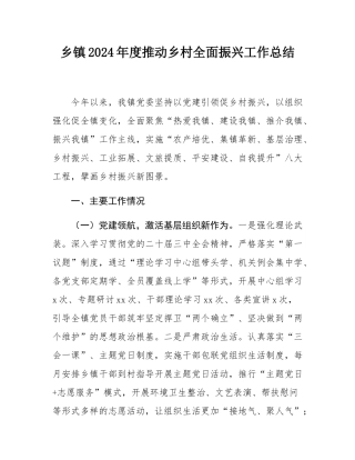 乡镇2024年度推动乡村全面振兴工作总结.docx
