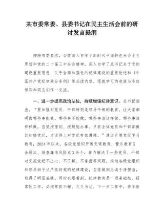 某市委常委、县委书记在民主SH会前的研讨发言提纲.docx
