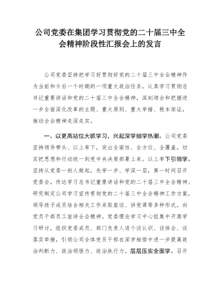 公司党委在集团学习贯彻党的二十届三中全会精神阶段性汇报会上的发言.docx