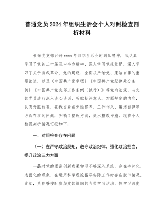 普通党员2024年组织SH会个人对照检查剖析材料.docx