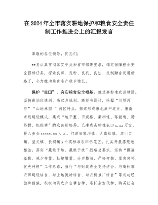 在2024年全市落实耕地保护和粮食安全责任制工作推进会上的汇报发言.docx