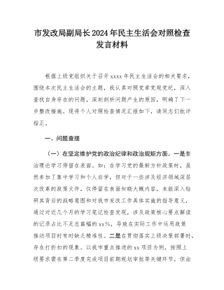 市发改局副局长2024年民主SH会对照检查发言材料.docx