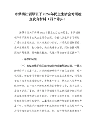 市供销社领导班子2024年民主SH会对照检查发言材料（四个带头）.docx
