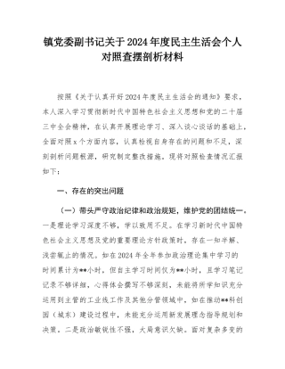 镇党委副书记关于2024年度民主SH会个人对照查摆剖析材料.docx