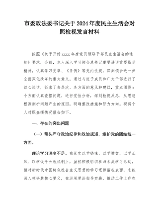 市委政法委书记关于2024年度民主SH会对照检视发言材料.docx