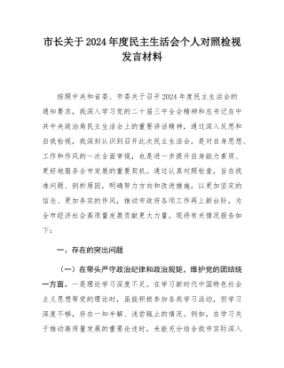 市长关于2024年度民主SH会个人对照检视发言材料.docx