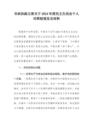 市政协副主席关于2024年度民主SH会个人对照检视发言材料.docx