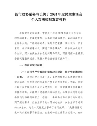 县市政协副秘书长关于2024年度民主SH会个人对照检视发言材料.docx