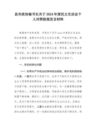 县市政协秘书长关于2024年度民主SH会个人对照检视发言材料.docx
