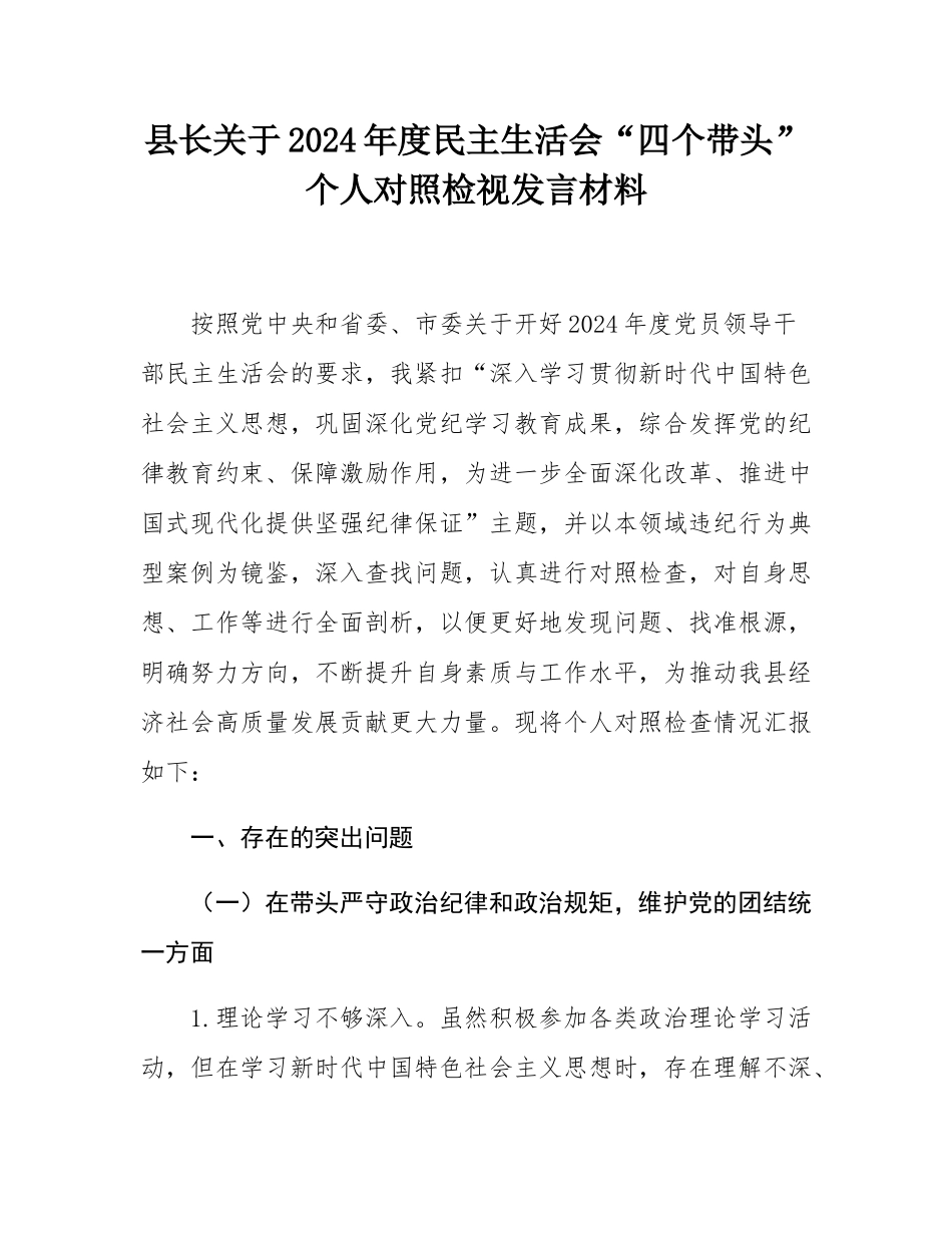 县长关于2024年度民主SH会“四个带头”个人对照检视发言材料.docx_第1页