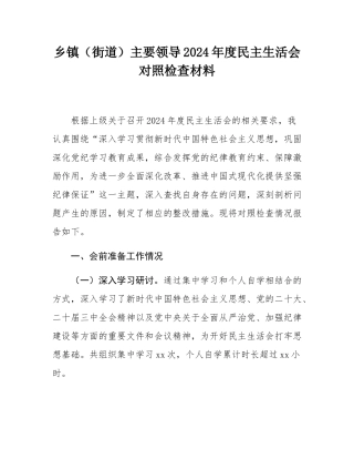 乡镇（街道）主要领导2024年度民主SH会对照检查材料.docx