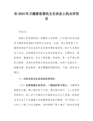 在2024年卫健委党委民主SH会上的点评发言.docx