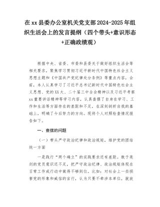 在xx县委办公室机关党支部2024-2025年组织SH会上的发言提纲（四个带头+意态+正确政绩观）.docx