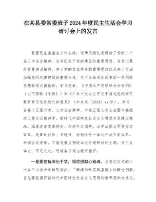在某县委常委班子2024年度民主SH会学习研讨会上的发言.docx