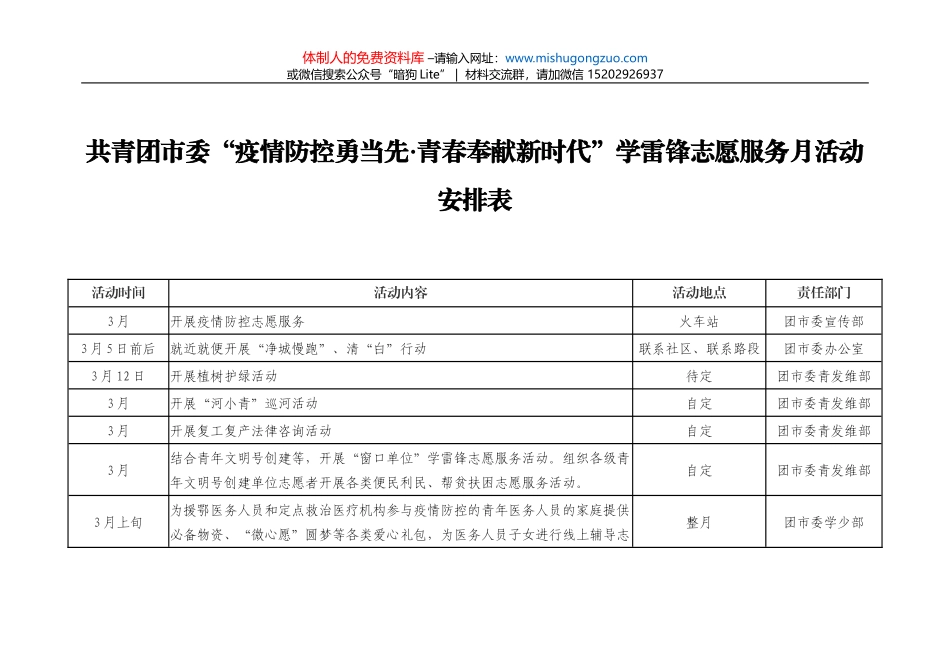 共青团市委“疫情防控勇当先•青春奉献新时代”学雷锋志愿服务月活动安排表_第1页