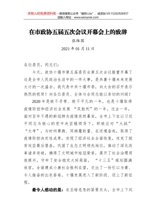 黄合新：在政协百色市右江区第四届委员会第七次会议开幕会上的讲话（20210309）