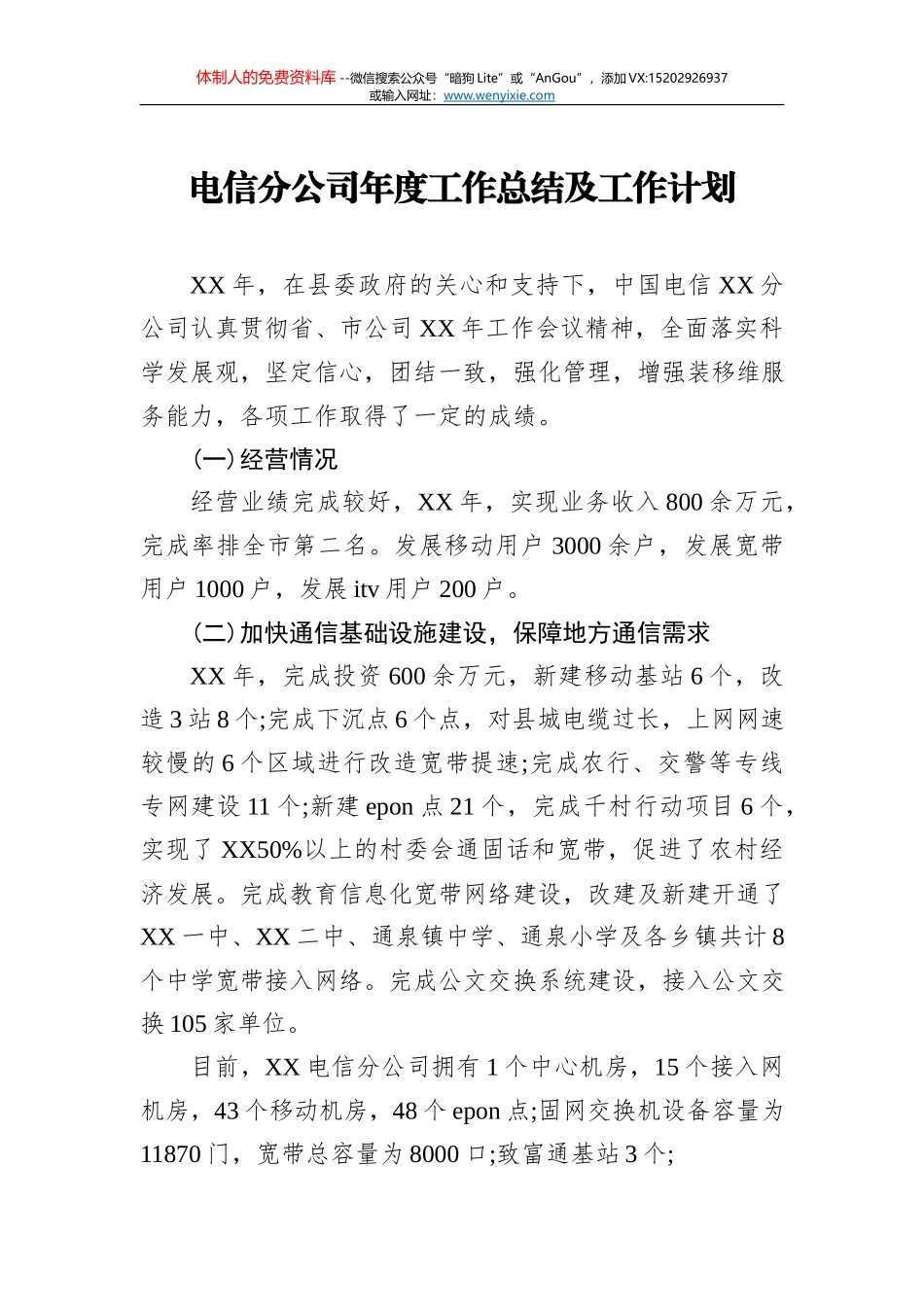 电信分公司年度工作总结及工作计划_第1页