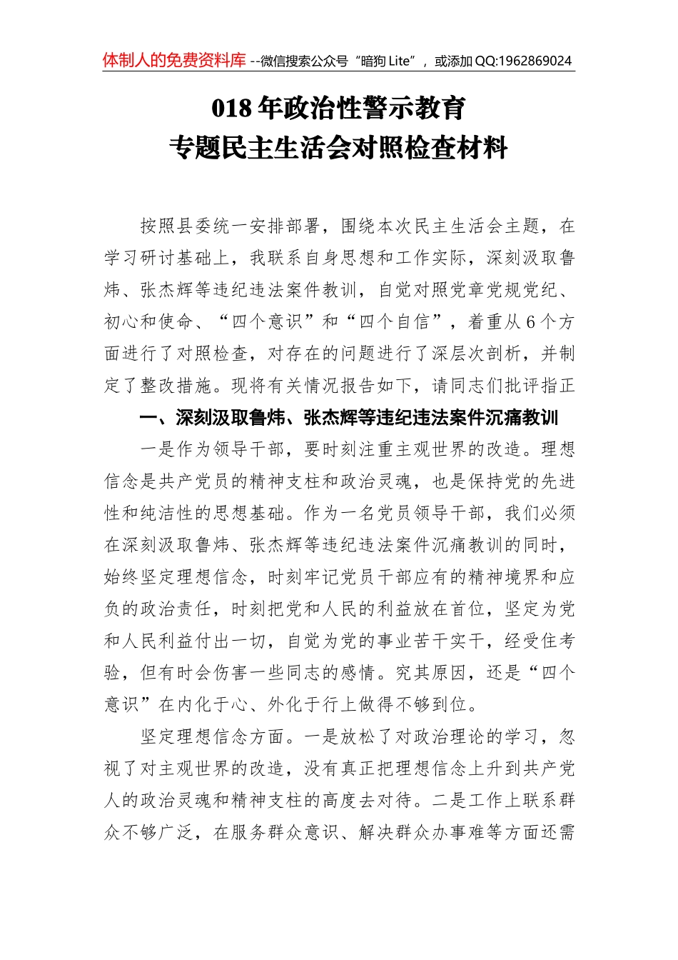 “讲严立”“六聚焦六整肃”警示教育专题民主生活会对照检查发言材料_第1页