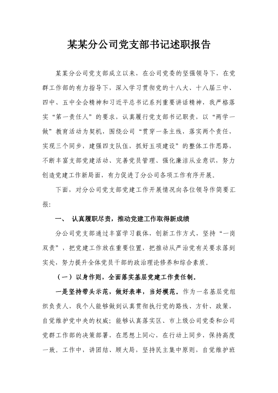 某某分公司党支部书记述职报告_第1页