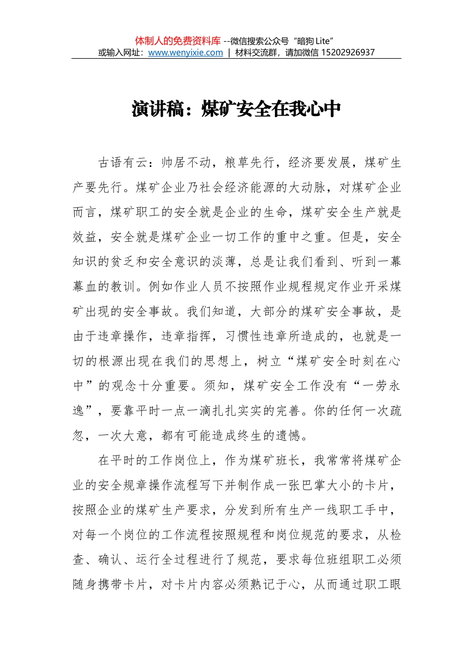 煤矿安全讨论会发言稿_第1页